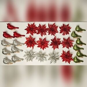 Glitter Bird & Poinsettia Clip Ornament Set Red Silver Green Christmas Decor